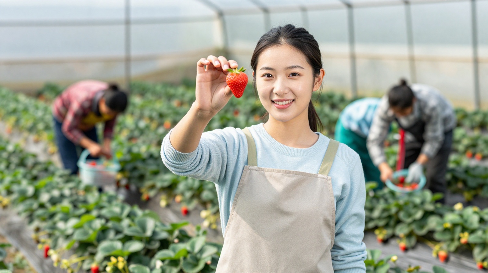 A young Chinese woman entrepreneur selling organic strawberries directly to consumers via live streaming in her field.