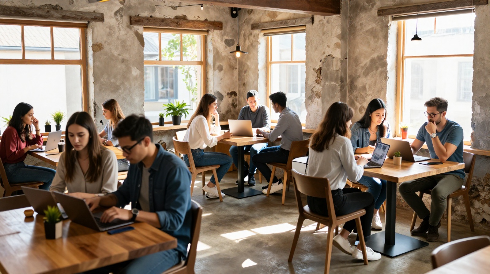 A community hub in a rural Chinese village where remote workers and locals gather in a modern cafe space.