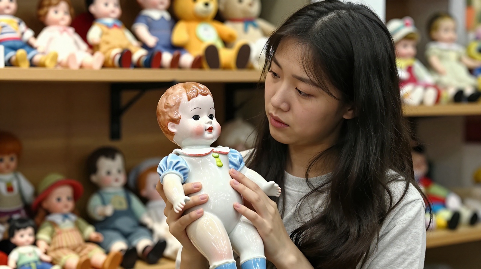 A young visitor holds a vintage porcelain doll, connecting with her family's past through the toy