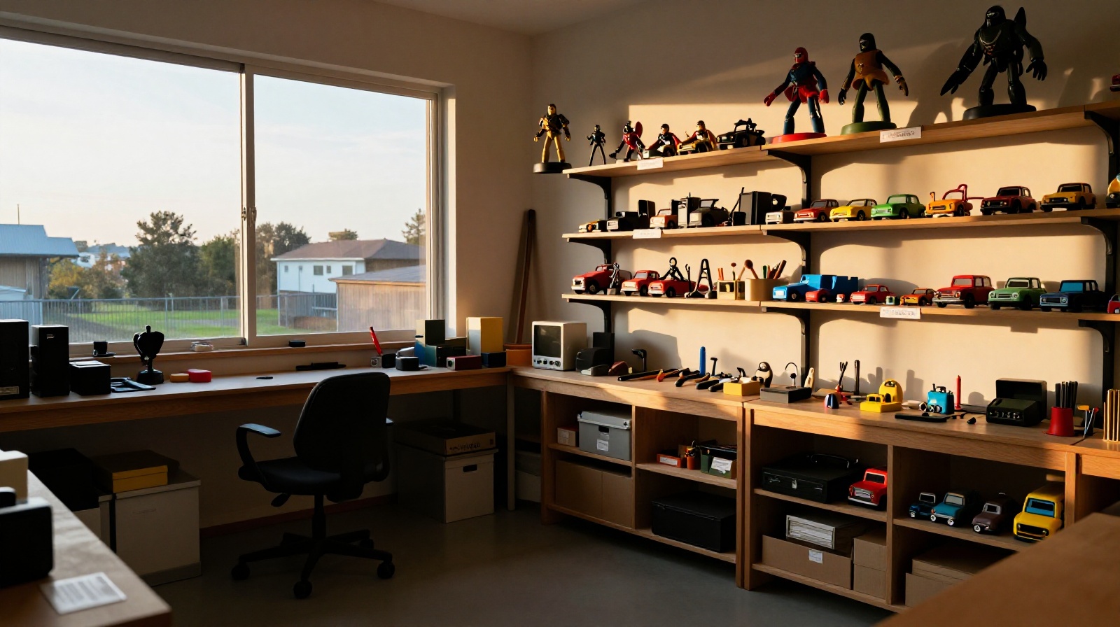 The vintage toy collector's studio at sunset, showing a peaceful space dedicated to preserving memory