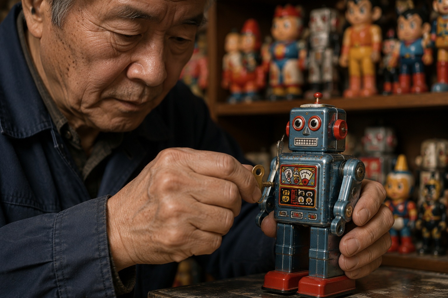 Close-up of a collector's hands winding a vintage tin toy robot in a Beijing studio filled with retro toys