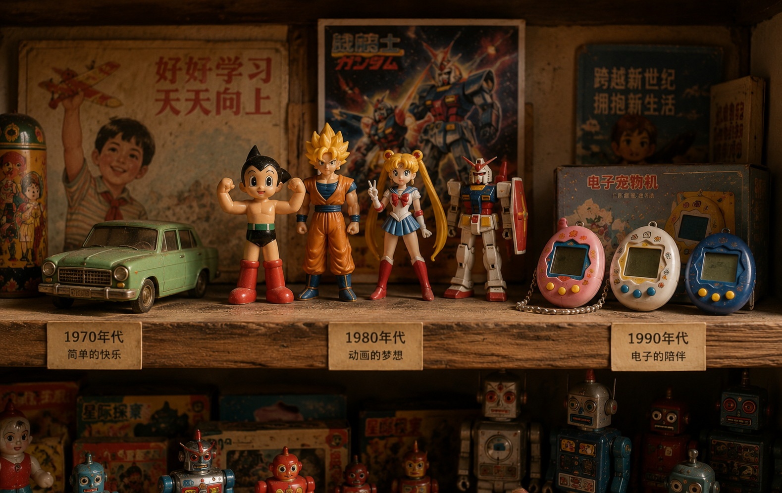 A shelf displaying the evolution of Chinese toys from the 1970s to the 1990s, showing social change