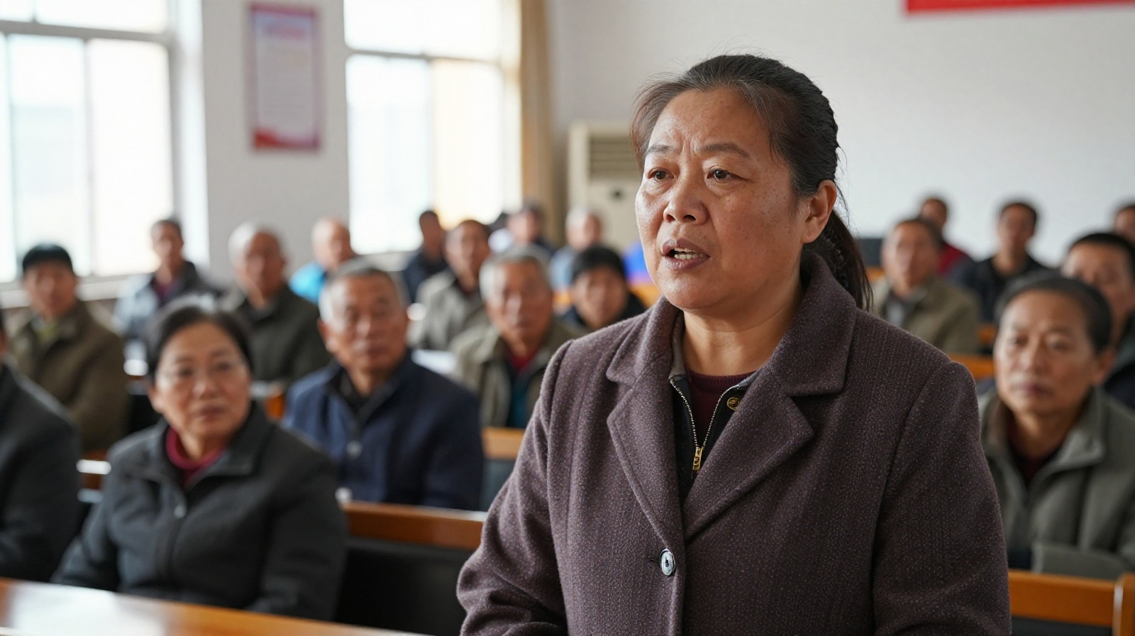 A resident raising a specific complaint about noise pollution during a local town hall meeting in Ningbo, China