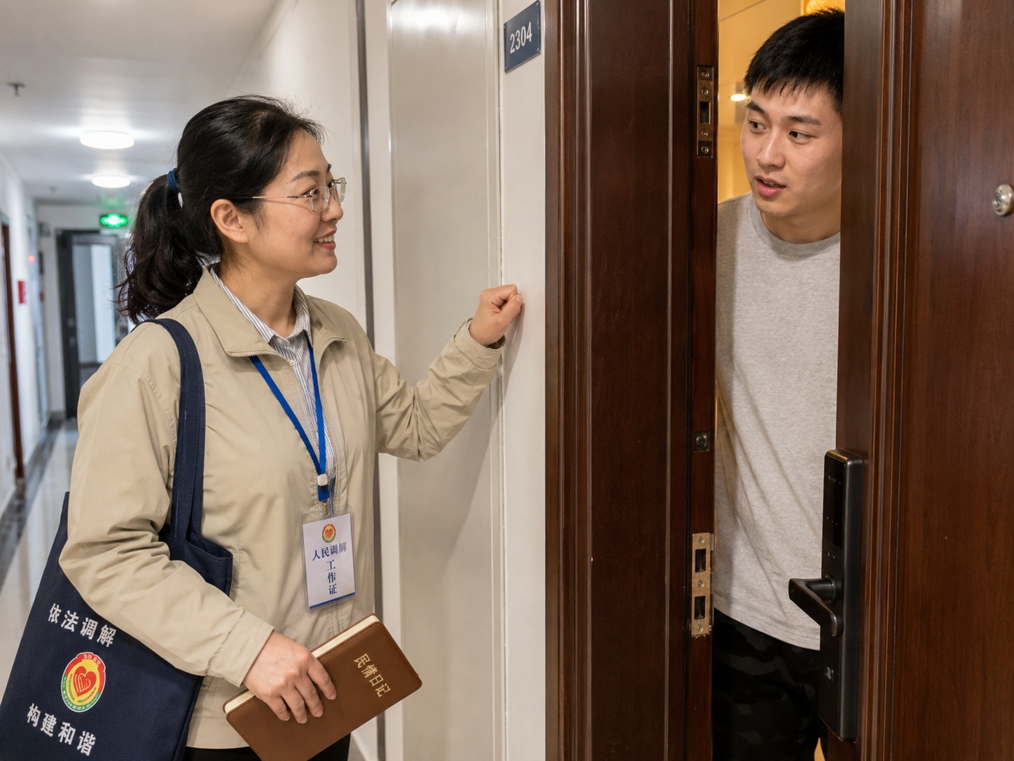 A community mediator visiting a resident's apartment to address a neighborhood dispute, symbolizing the grassroots approach to conflict resolution in China.