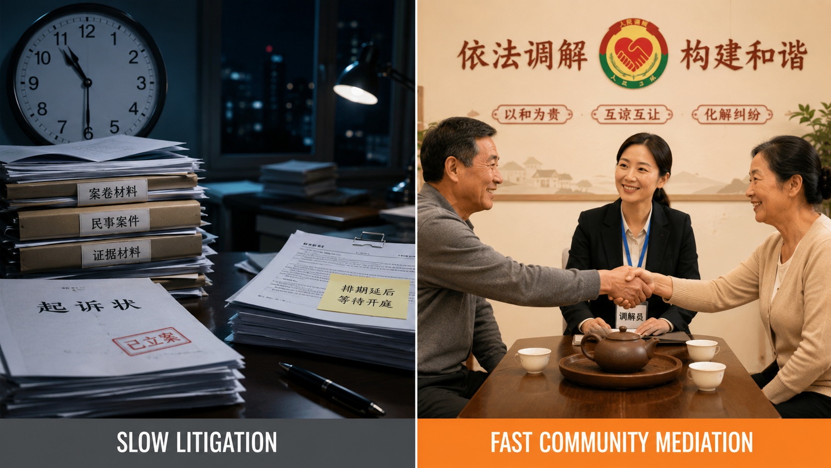 Visual comparison between the time-consuming nature of litigation and the efficient, relationship-preserving process of community mediation in China.