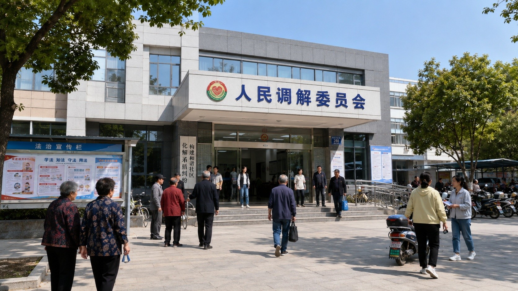 The entrance to a local People's Mediation Committee in a Chinese neighborhood, highlighting its role as an accessible community hub.