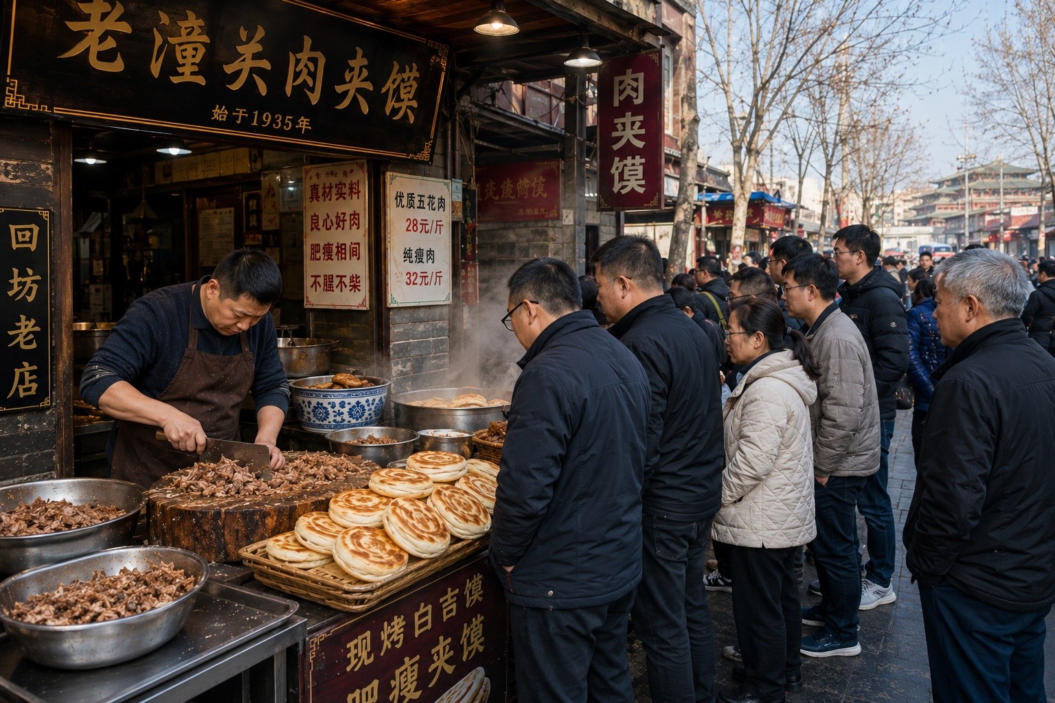 A busy Roujiamo street food stall in Xi'an, China, with a vendor chopping braised pork and customers waiting in line during the morning rush.
