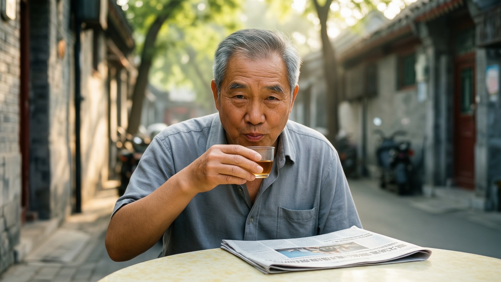 An elderly local resident drinking tea and reading a newspaper in a traditional Guangzhou alleyway during morning yum cha time.