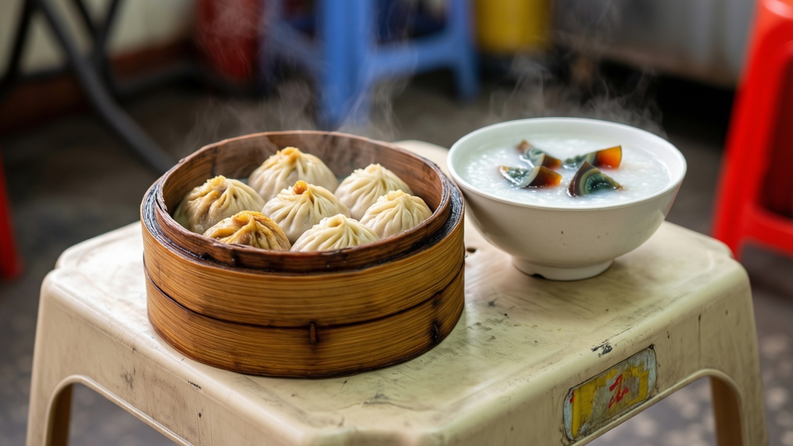 Traditional Guangzhou breakfast items including steamed char siu bao and congee served in a local neighborhood eatery.