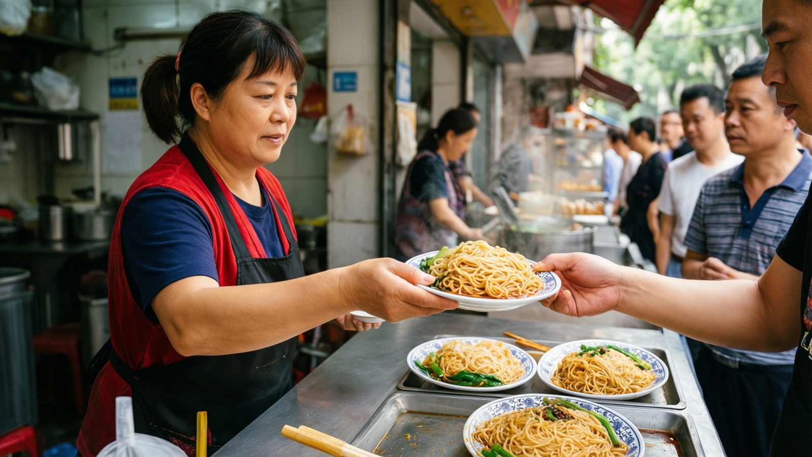 A vendor serving rice noodles to a customer in a bustling local breakfast spot in Guangzhou, highlighting local interactions.