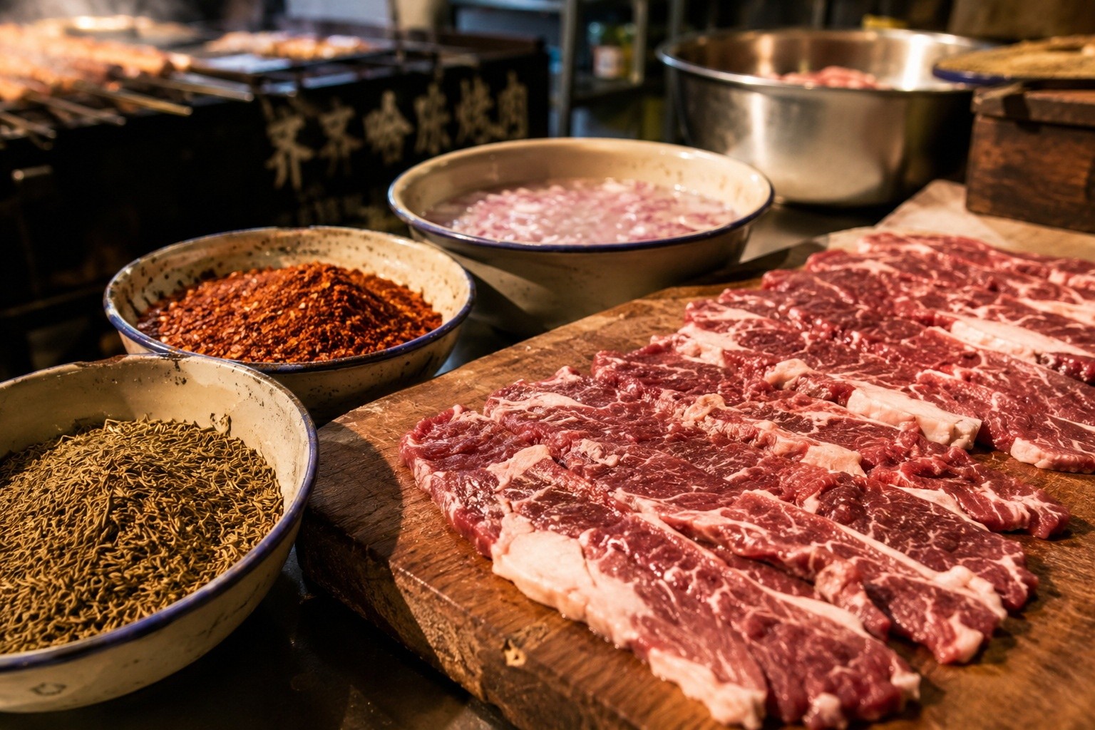 Ingredients for authentic Qiqihar BBQ including fresh beef, cumin, and spices laid out on a wooden table.