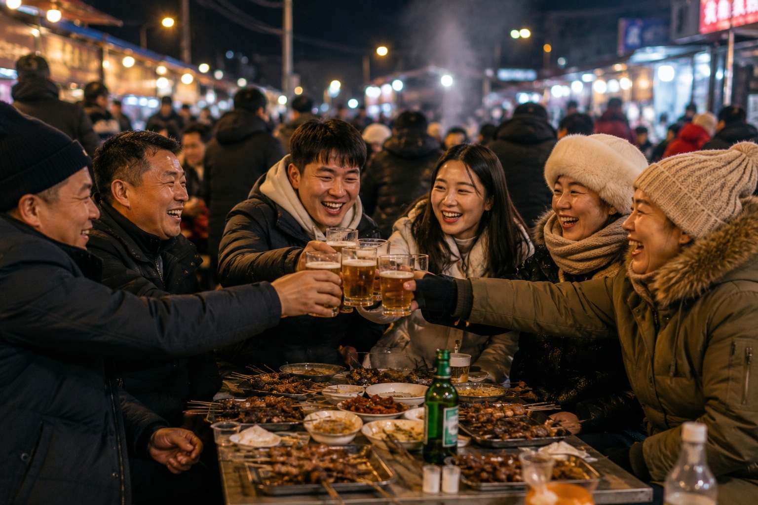 Locals enjoying drinks and conversation at a Qiqihar BBQ street stall, showcasing community bonding.