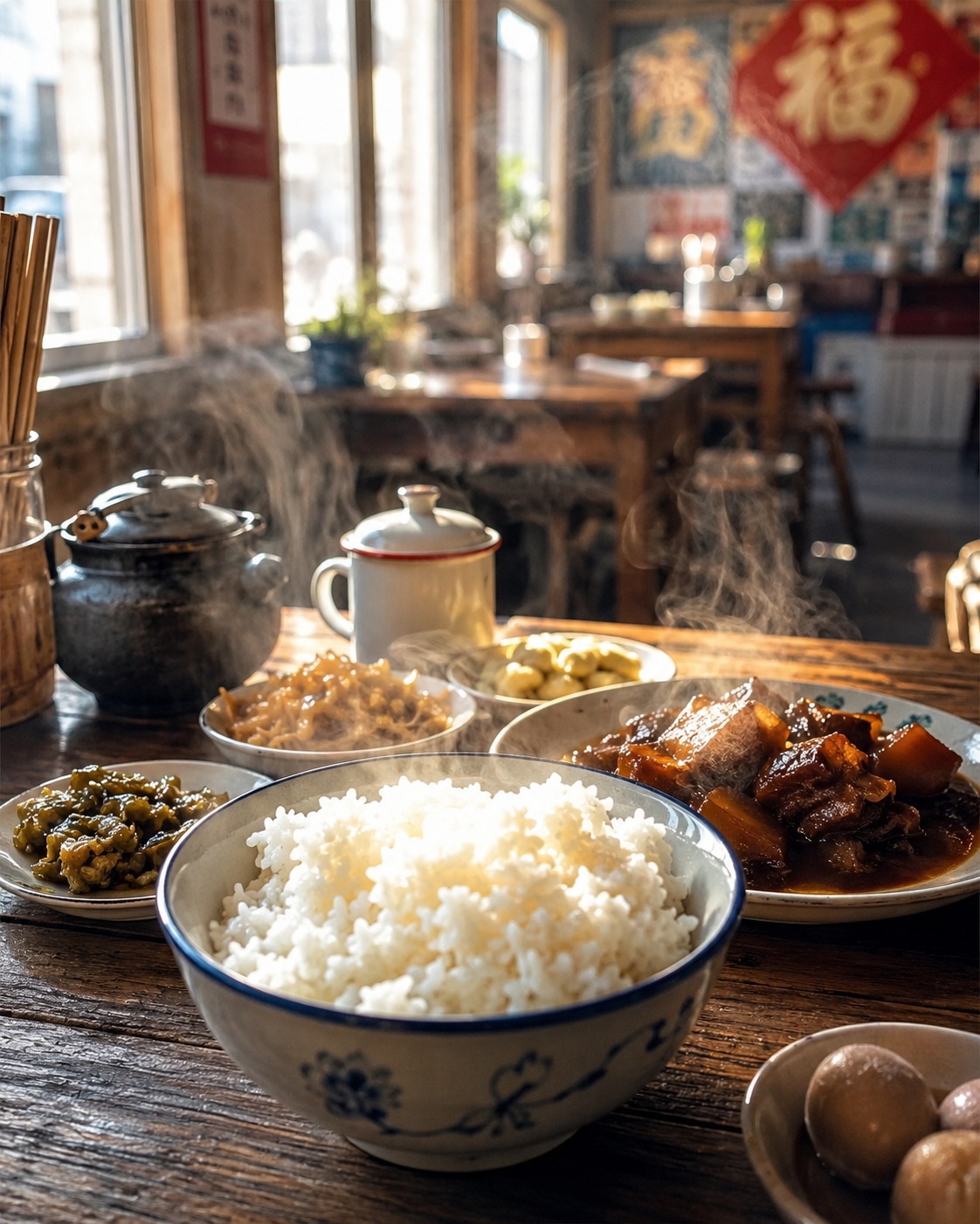 A steaming bowl of rice and braised meat on a wooden table in a Jilin breakfast stall, showcasing the hearty local cuisine.