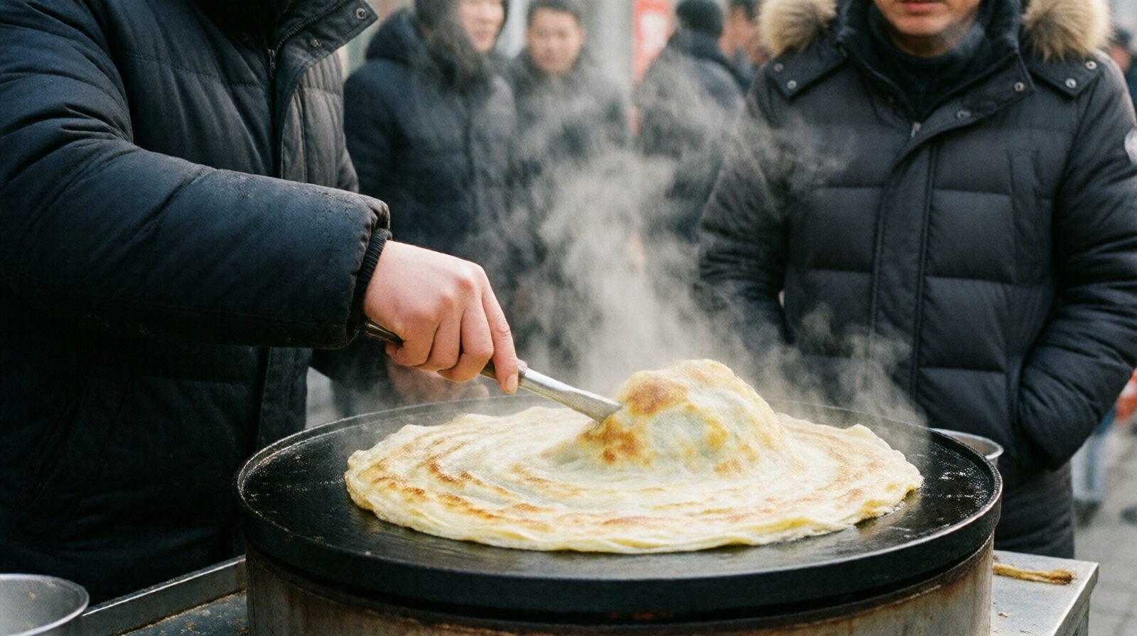 A street food vendor in Shenyang preparing a traditional breakfast Jianbing crepe amidst rising steam and winter cold.