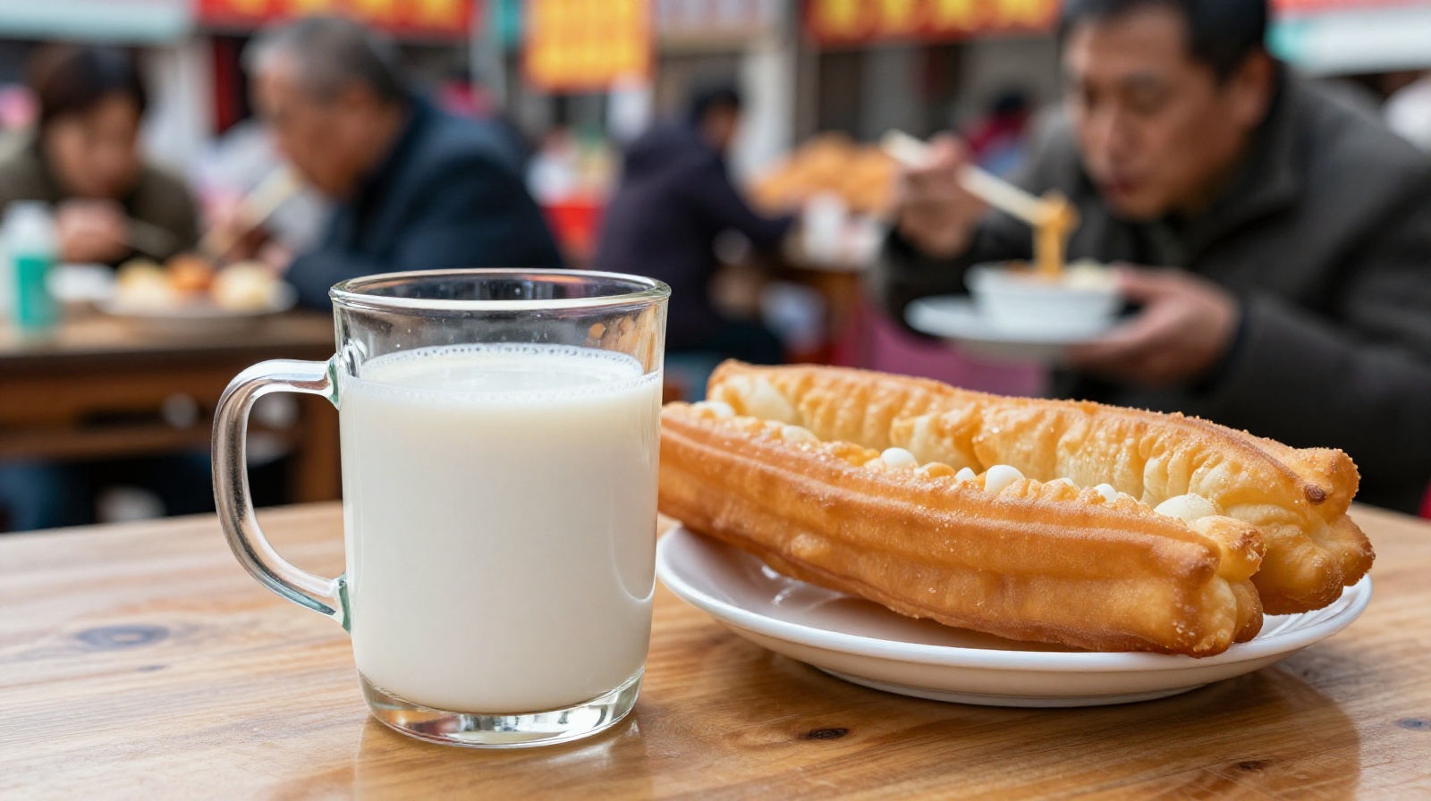 Traditional Northeast Chinese breakfast featuring hot soy milk and fried dough sticks in a busy morning market.
