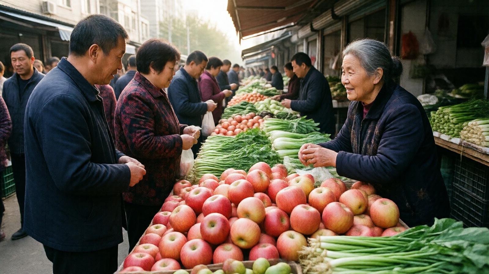 Shoppers interacting and bargaining for fresh produce at a vibrant Shenyang morning market stall.
