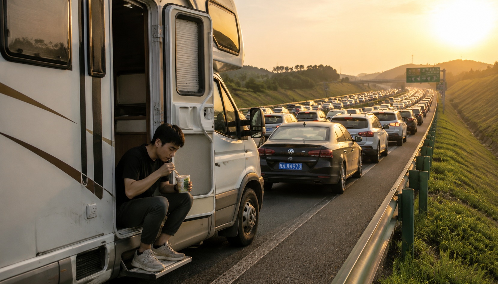A young man sits on the step of a rented RV eating instant noodles during a holiday traffic jam on a Chinese expressway. Cars and RVs fill the road ahead.