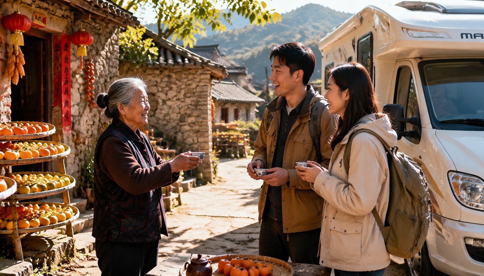 An elderly woman hands a cup of tea to young RV travelers in a rural Chinese village. Persimmons drying on racks in the sunny courtyard.