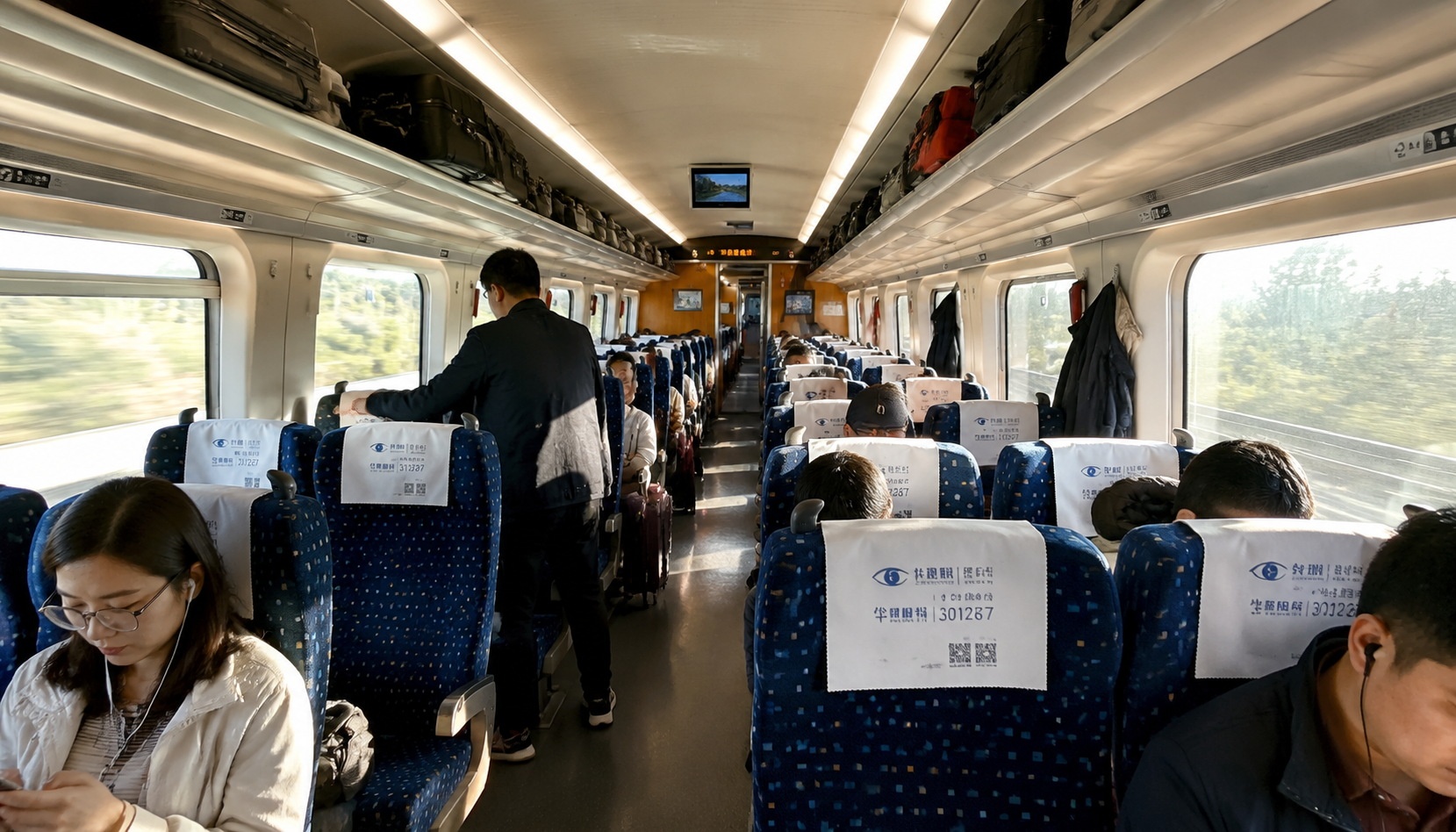 Passengers boarding a Chinese high-speed train in the early morning, sunlight streaming through windows.