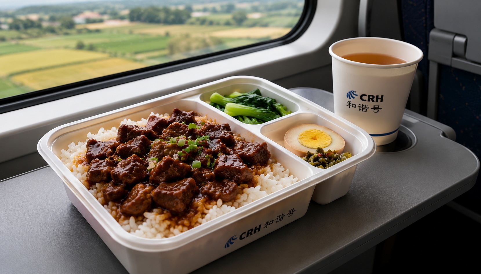 A braised beef rice boxed lunch and a cup of tea on a high-speed train tray table.