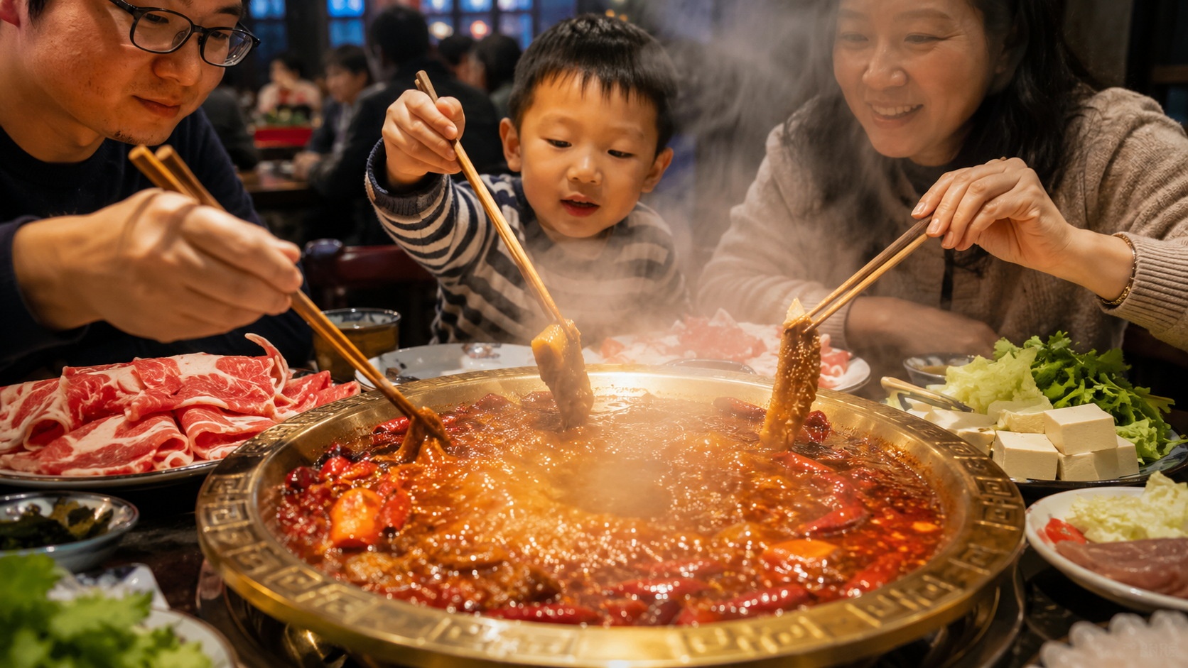 Family sharing a spicy Sichuan hotpot in a Chengdu restaurant, showing communal eating tradition and diverse ingredients