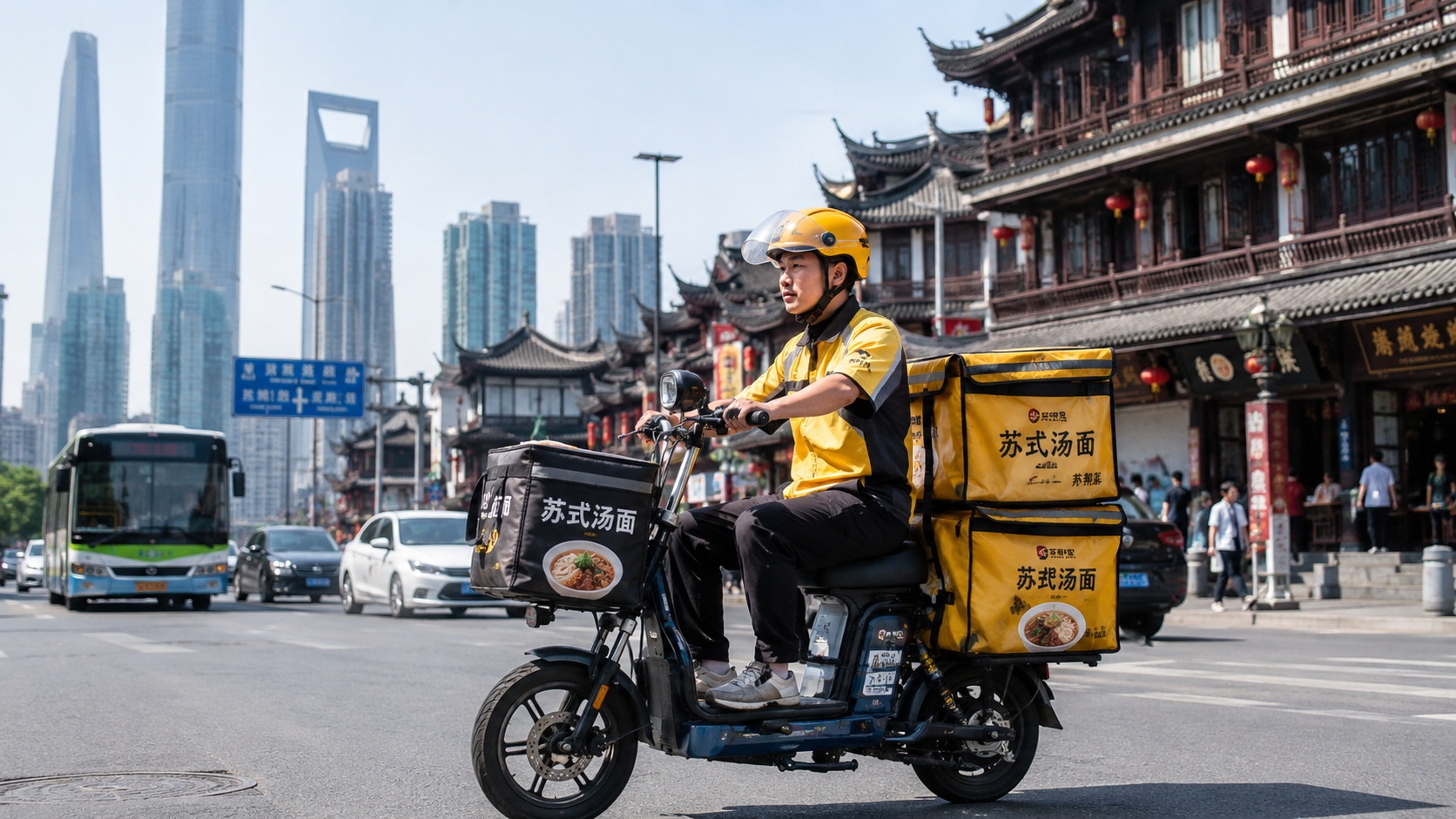 Food delivery courier in China transporting regional cuisine orders, highlighting the infrastructure behind culinary diversity