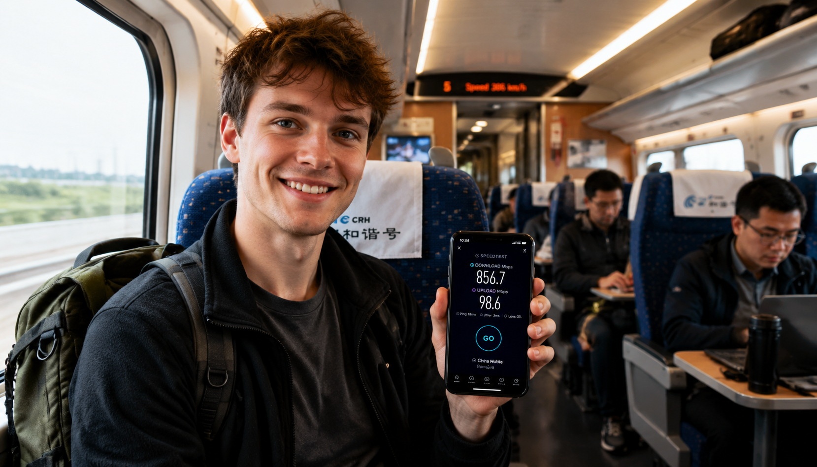 British traveler on Chinese high-speed train checking 5G speed test on phone, surprised expression, modern train interior