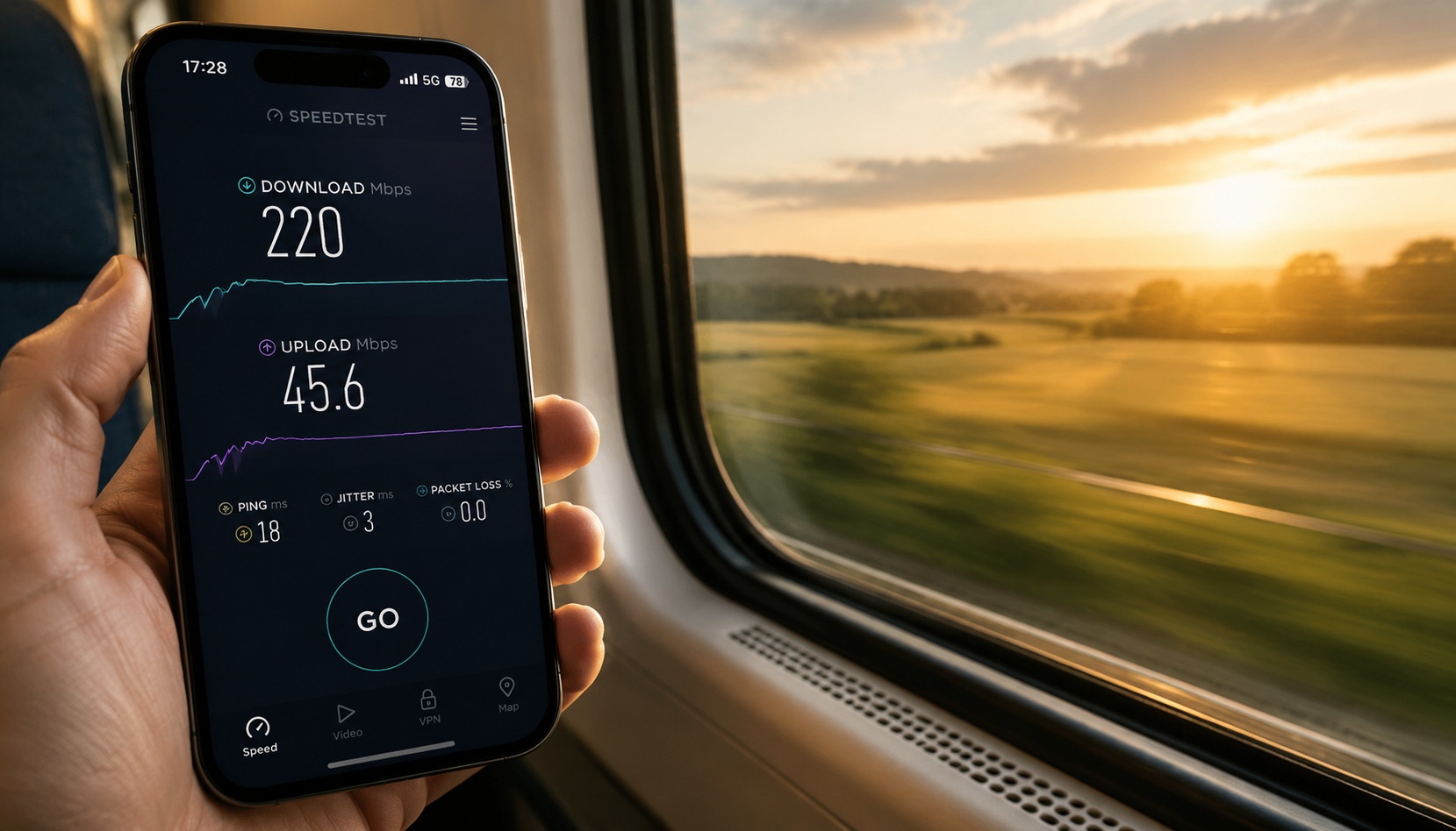 Smartphone speed test result showing 220 Mbps download on Chinese high-speed train