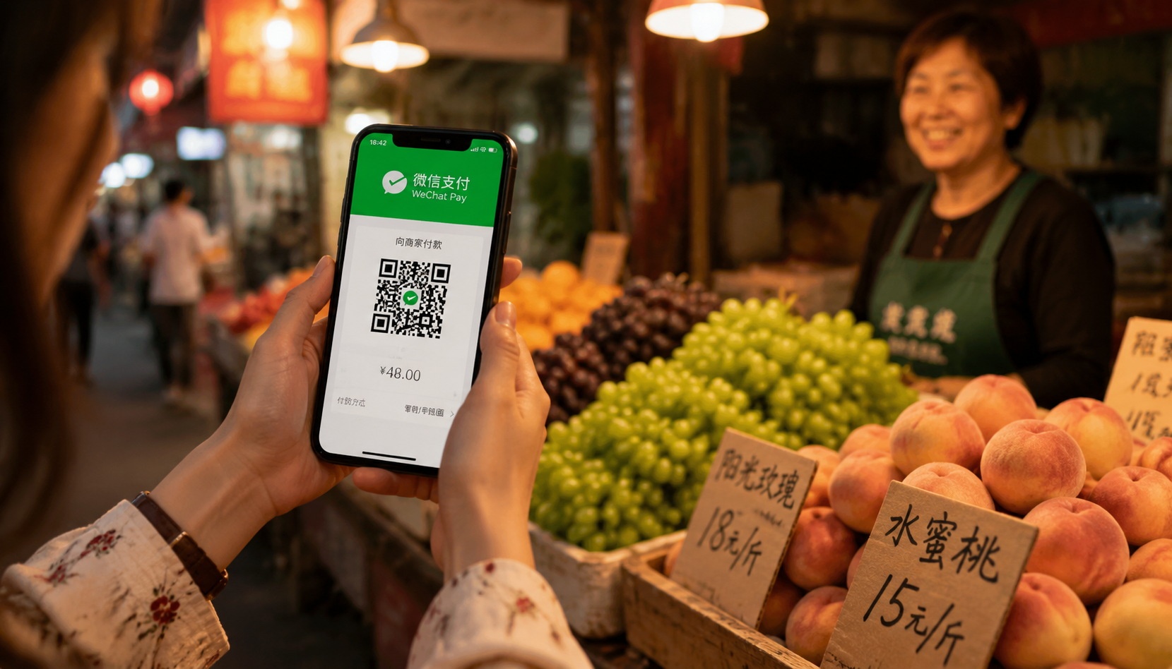 Japanese tourist using mobile payment at a street fruit stall in China, scanning a QR code