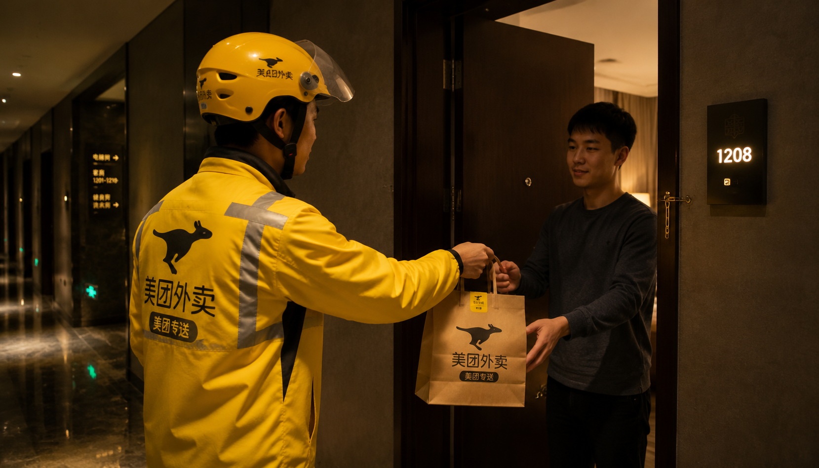 Late-night food delivery by a Meituan rider at a hotel in China, demonstrating 24-hour logistics