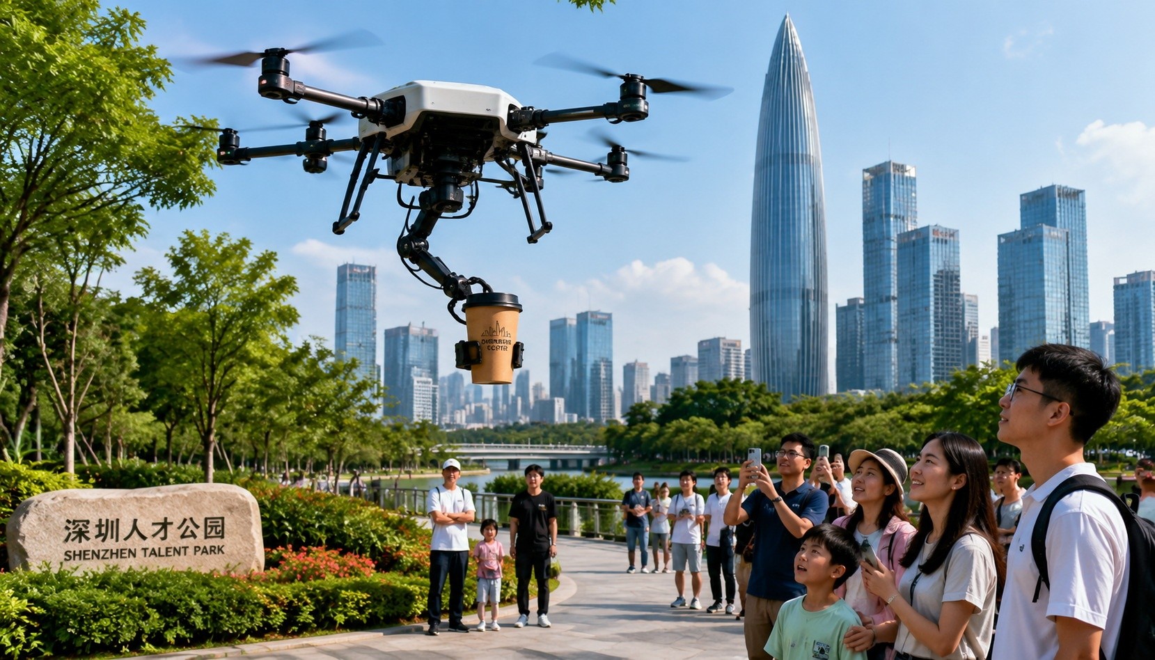 Drone delivery of coffee in a Shenzhen park, showcasing China's drone logistics innovation