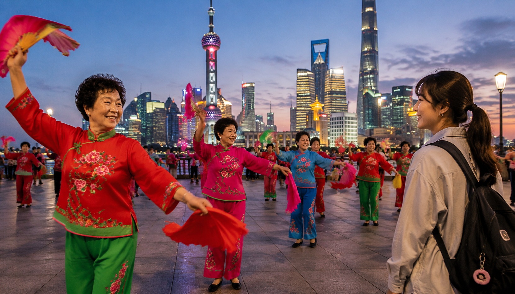 Elderly Chinese women square dancing with a Japanese tourist observing, night scene in Shanghai