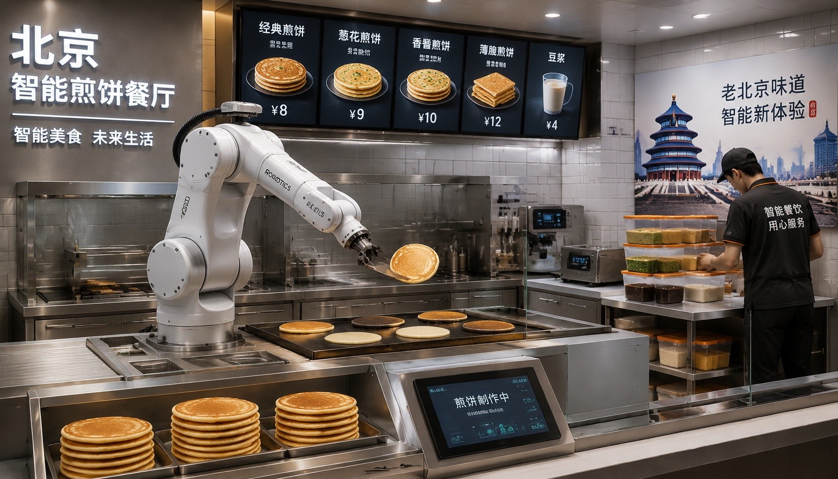 Robot chef cooking pancakes in a Beijing food court, a glimpse of automation in China's food industry