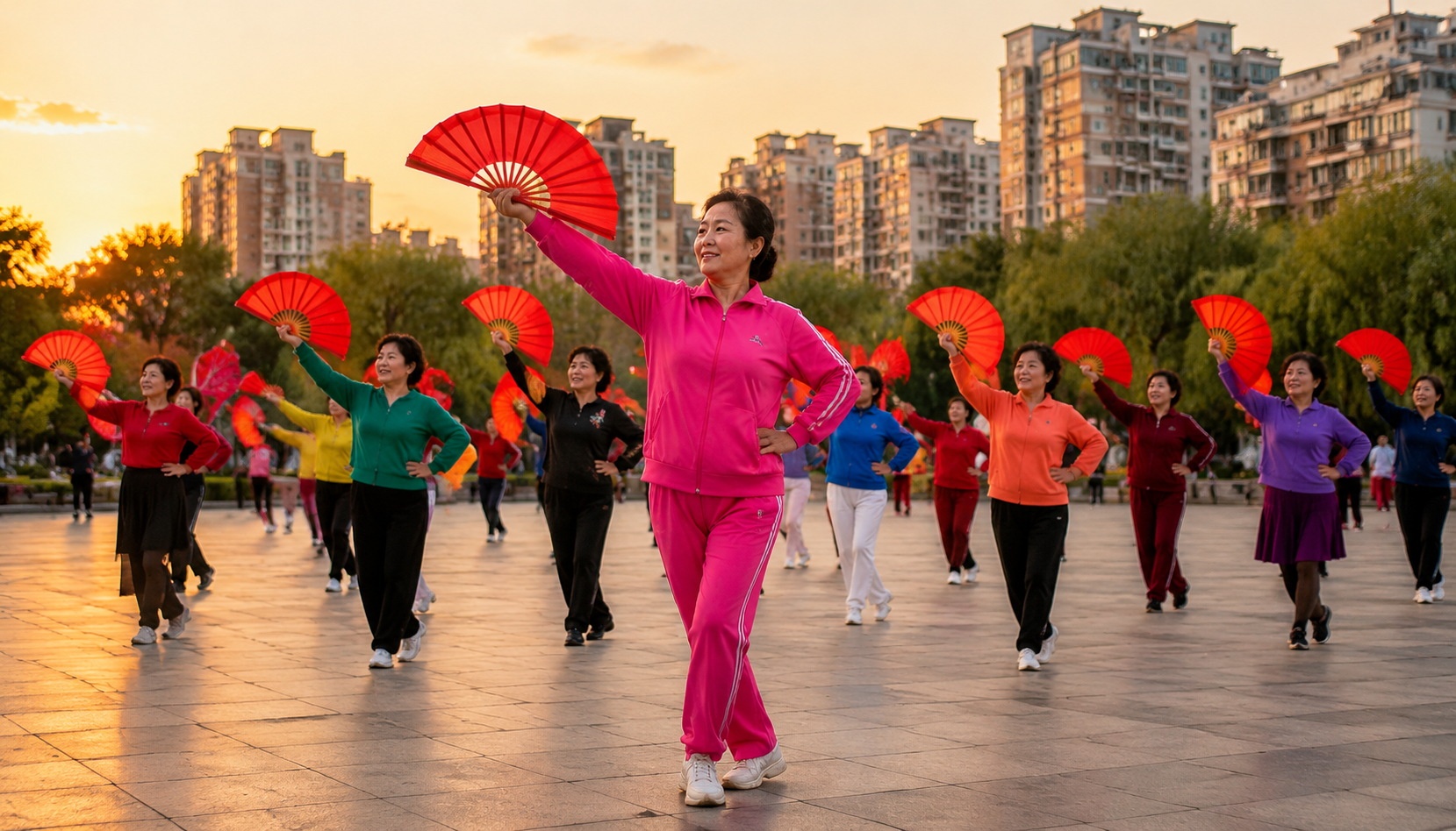Chinese aunties square dancing in unison at dusk in a public plaza, wearing bright outfits and holding fans