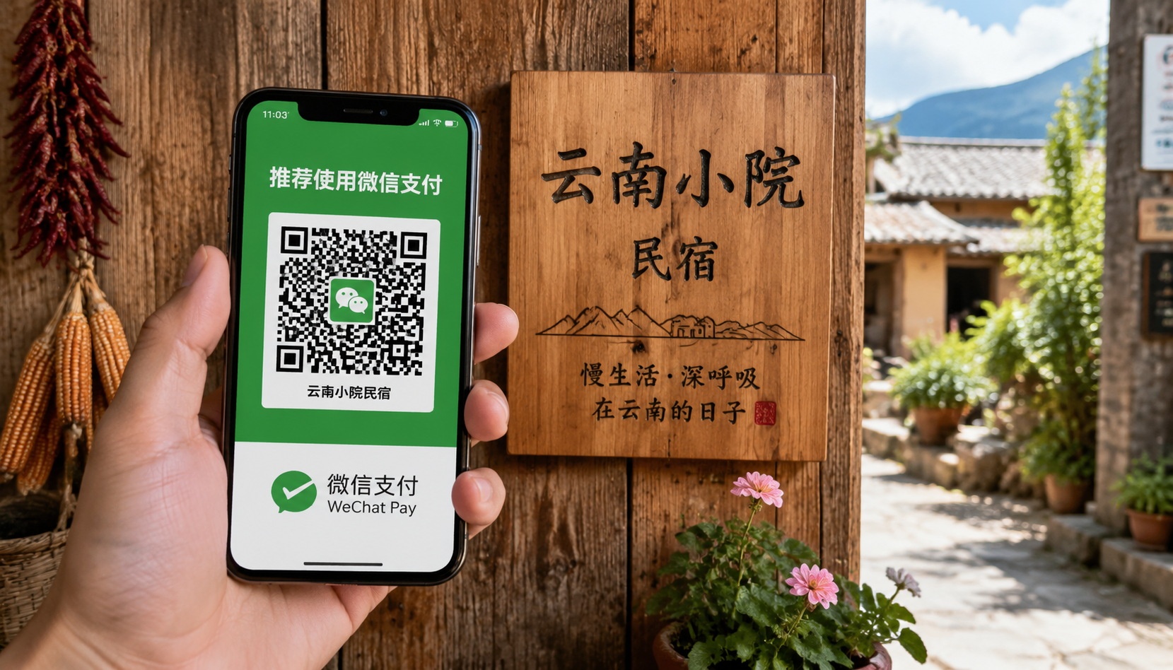 WeChat Pay QR code displayed on a smartphone held in front of a rustic wooden wall in a Yunnan rural guesthouse.