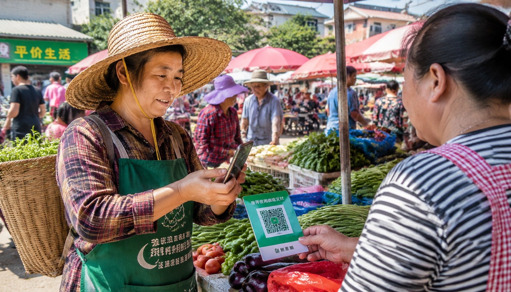 Elderly Chinese woman farmer using mobile payment at a rural market in Yunnan, scanning a QR code on a vegetable stall.