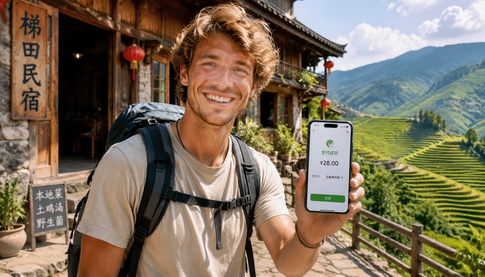 Australian backpacker in rural Yunnan holding a smartphone showing a successful mobile payment, with traditional village house and rice terraces behind.