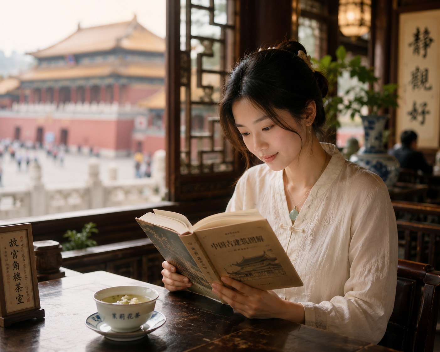 Young Chinese traveler enjoying a cultural tea experience while reading about ancient architecture near the Forbidden City