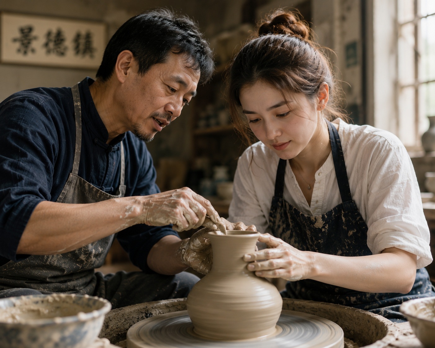 Chinese tourist learning traditional pottery making in Jingdezhen as part of a cultural experience tour