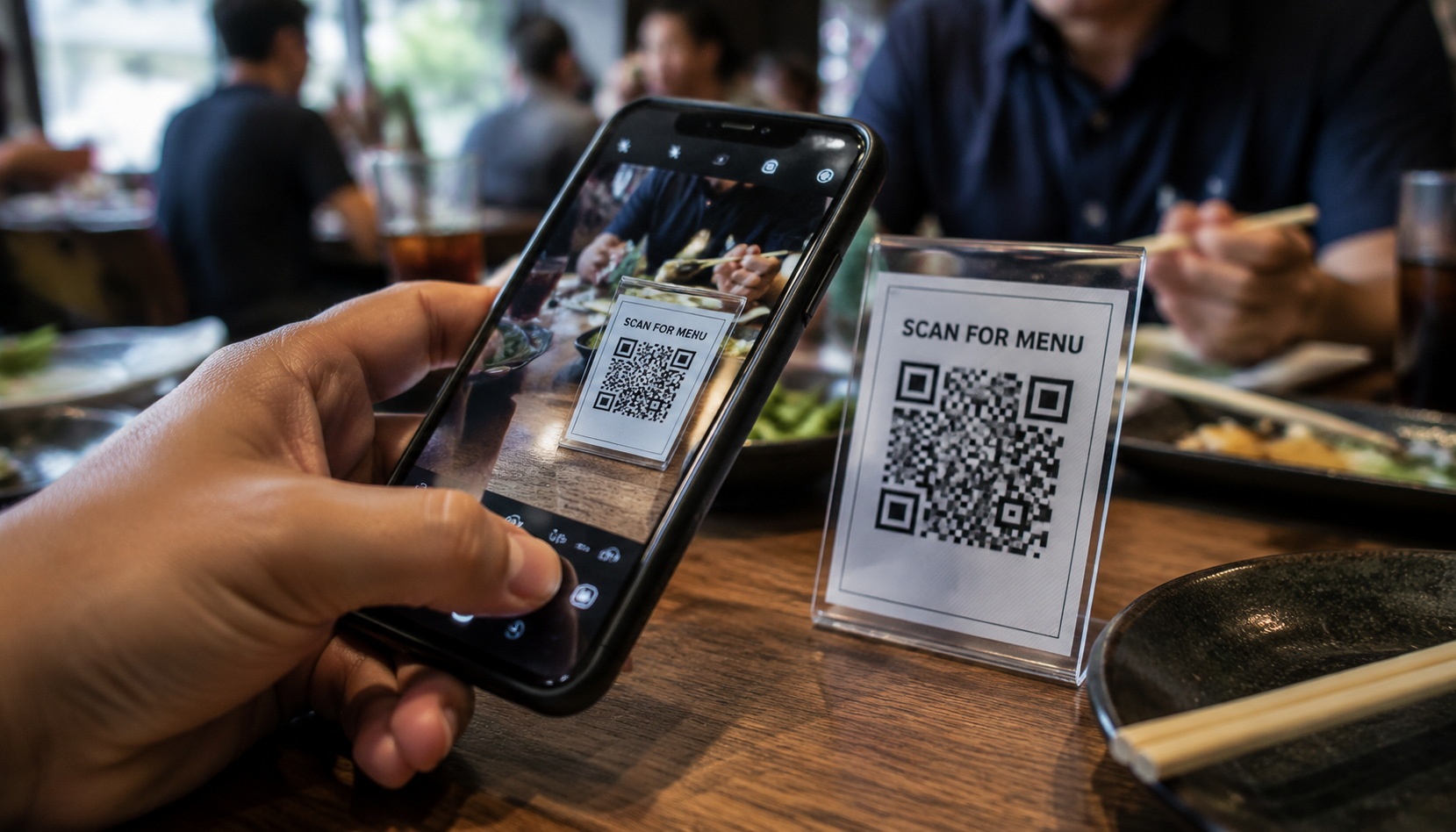 A hand scanning a QR code menu on a phone at a Chinese restaurant table, with other diners blurred in background.