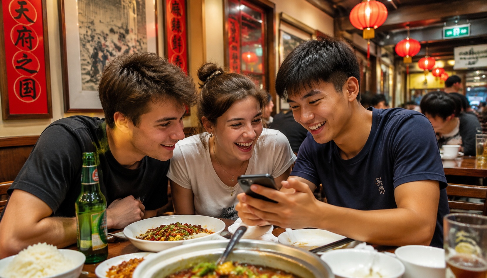 Three American exchange students laughing together at a Chinese restaurant while looking at a phone screen showing a QR code menu.