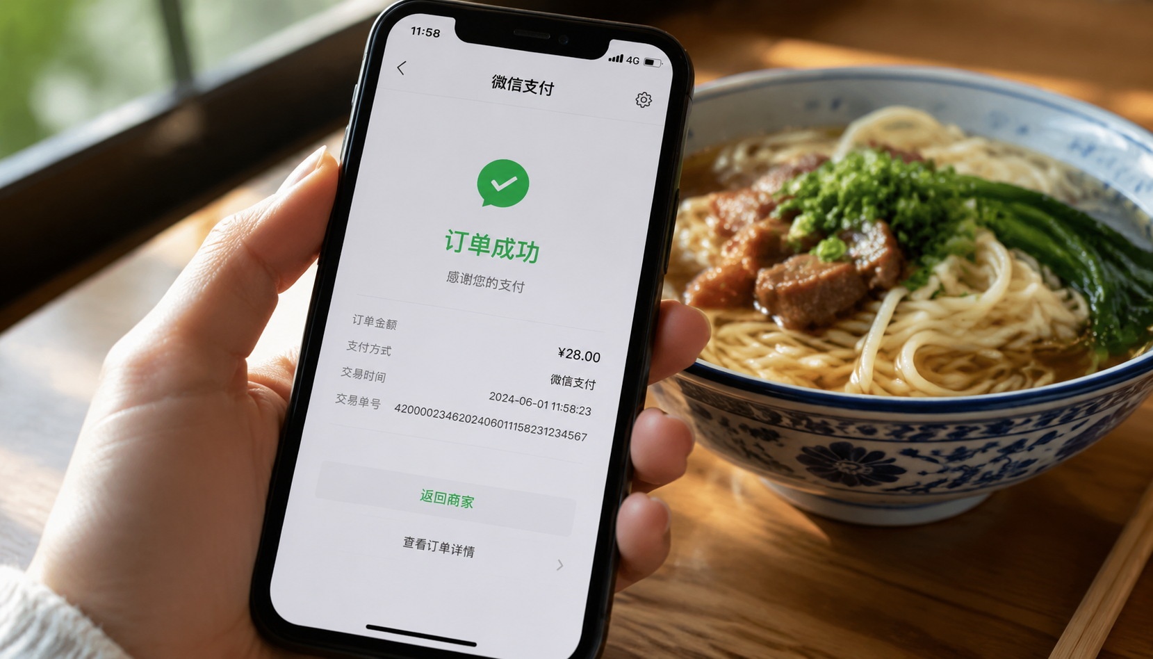 A smartphone displaying a successful WeChat payment for a restaurant order, with a bowl of noodles blurred in background.
