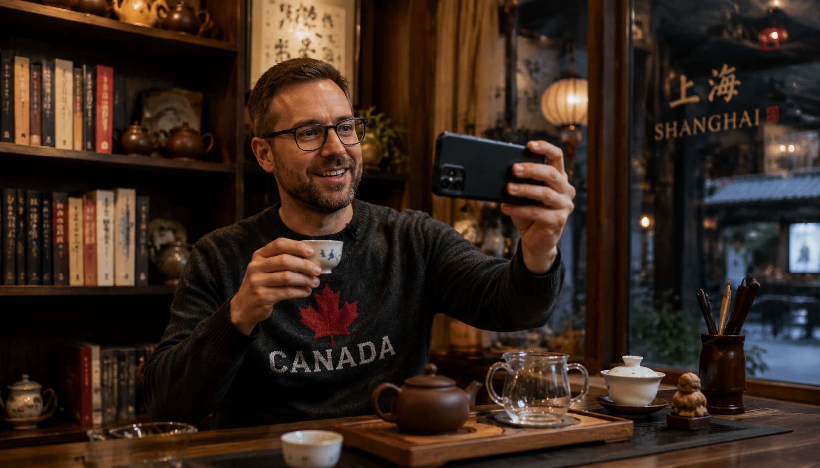 Canadian teacher Alex filming a Douyin video in a Shanghai café holding a tea cup, with bookshelves and Chinese teaware in background