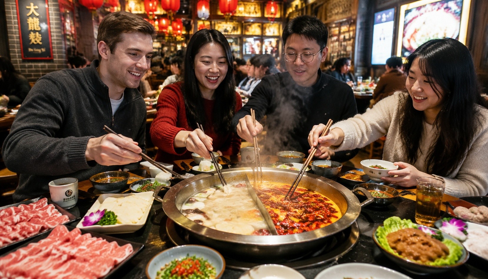Canadian teacher and Chinese friends enjoying hotpot at a restaurant, with spicy broth and various ingredients on the table