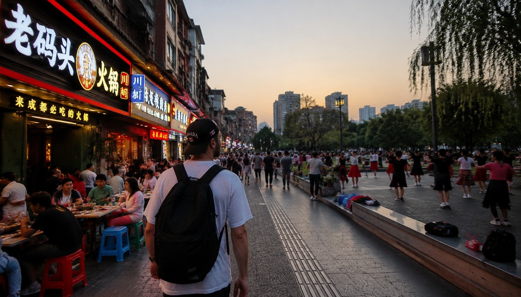Canadian teacher walking on a lively street in Chengdu with people dancing in park and hotpot restaurant signs in background