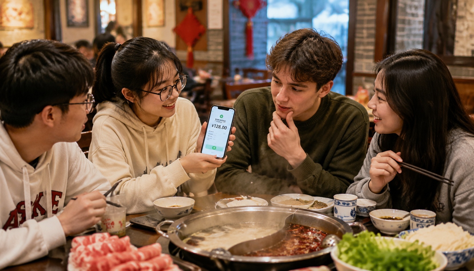 Chinese university students having hotpot, one paying with mobile phone, observed by a French student