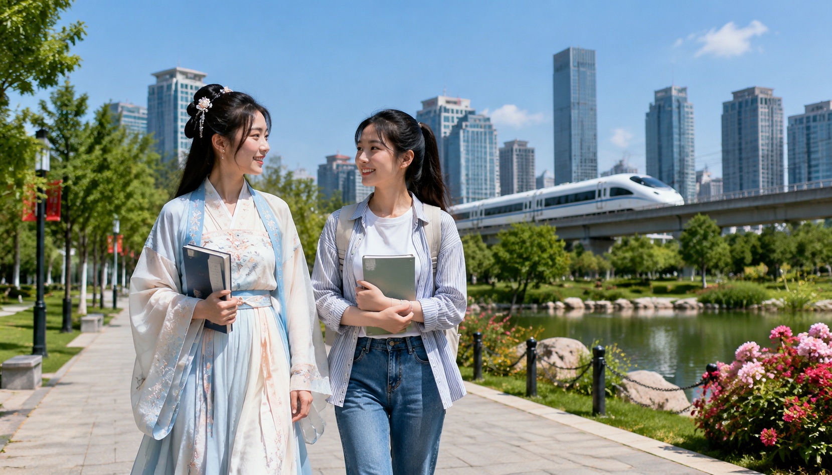 Young Chinese in traditional Hanfu and casual wear walking near a high-speed train