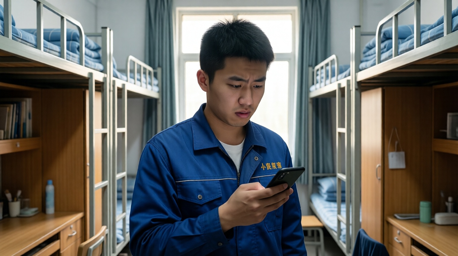 Young migrant worker checking phone for Spring Festival train tickets in a factory dormitory