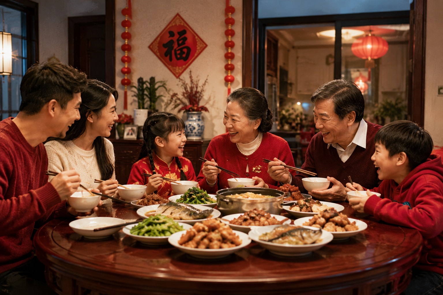 Extended Chinese family having a joyful reunion dinner during Spring Festival