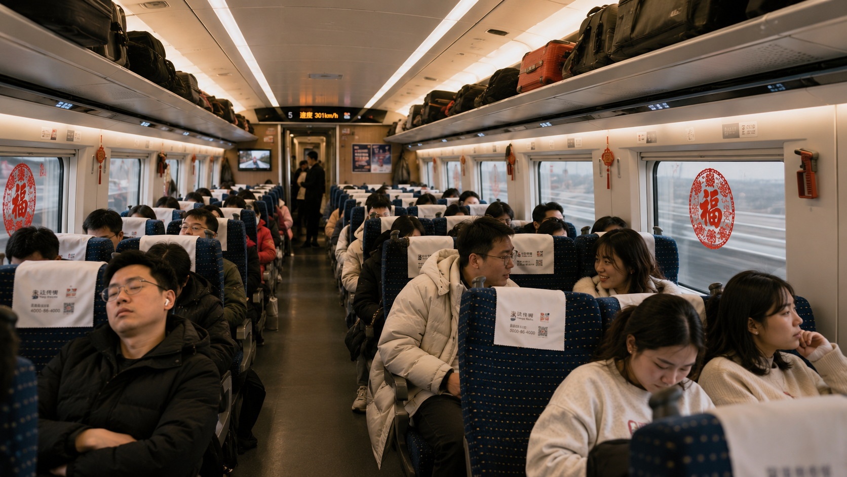Passengers inside a Chinese high-speed train during Spring Festival travel